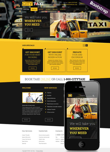"Taxi Service" шаблон сайта для такси, таксопарка HTML