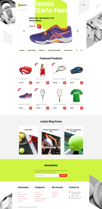 Шаблон магазина товаров для тенниса для OpenCart 2