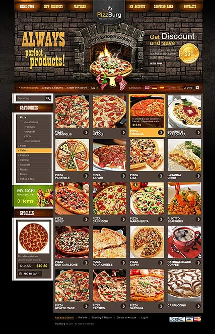 Шаблон сайта пиццерии для osCommerce "Пицца онлайн"