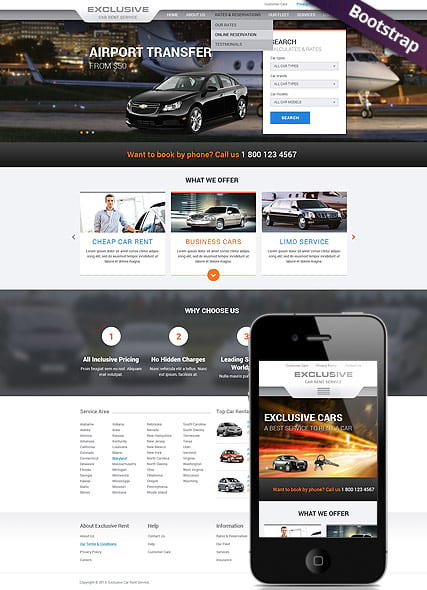 HTML Bootstrap шаблон сайта по аренде автомобилей