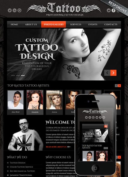 "Tattoo design" html-шаблон сайта для тату-салона, татуировки с демо-данными