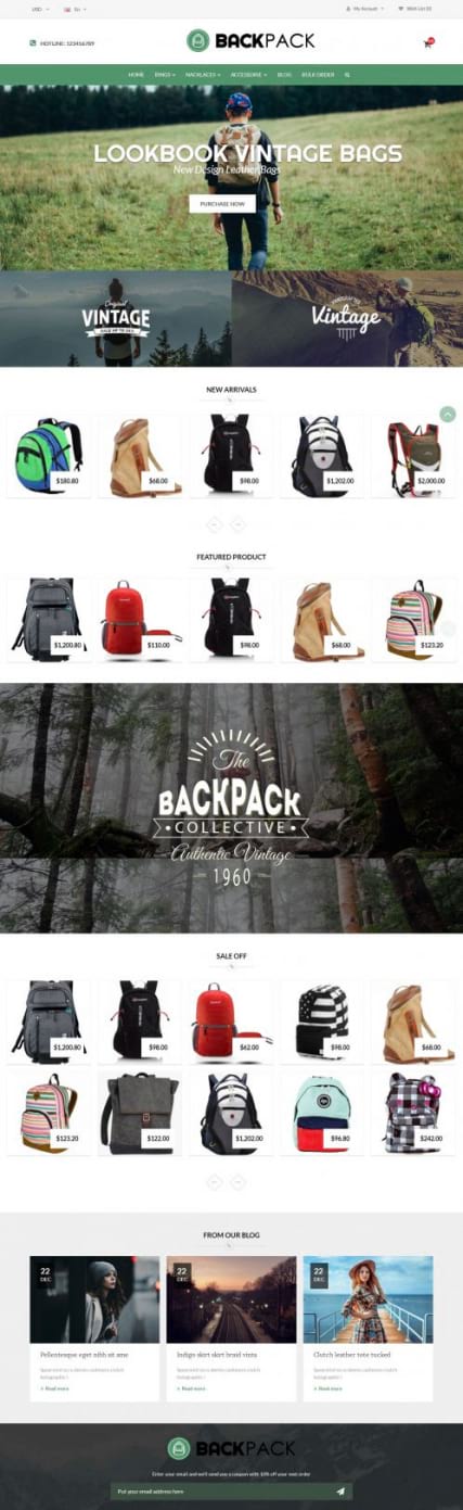 "Рюкзаки" шаблон сайта сумок для путешествий адаптивный